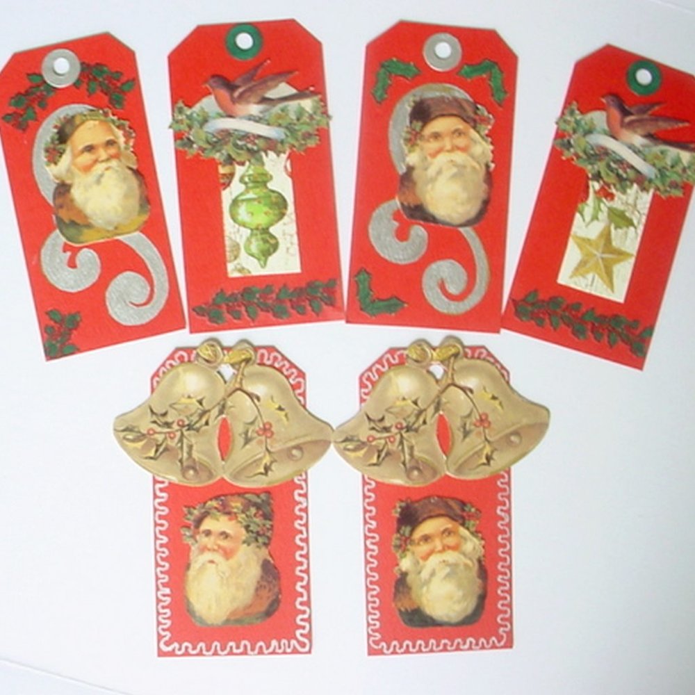 6 VICTORIAN STYLE CHRISTMAS TAGS SANTAS BELLS HOLLY FOR JOURNALS GIFTS HANDMADE